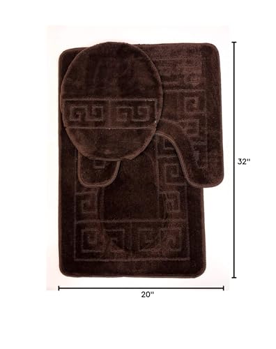 3 Piece Bath Rug Set Pattern Bathroom Rug (20X32)/Large Contour Mat (20X20) With Lid Cover (Brown)